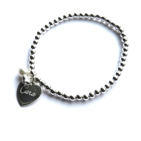 Personalised Silver Heart Bracelet with Mini Heart and Pearl