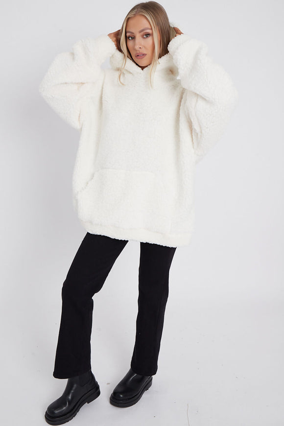 Cream Fluffy Front Pocket Oversized Teddy Hoodie