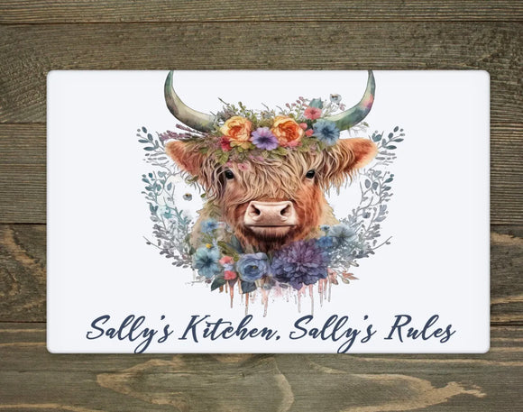 Personalised Highland Cow Glass Chopping Board