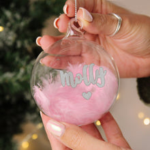 Load image into Gallery viewer, Personalised Pink Feather Silver Heart Glass Bauble