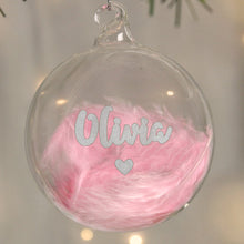 Load image into Gallery viewer, Personalised Pink Feather Silver Heart Glass Bauble