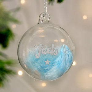 Personalised Blue Feather Silver Star Glass Bauble