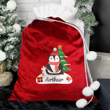 Load image into Gallery viewer, Personalised Christmas Penguin Luxury Pom Pom Red Sack