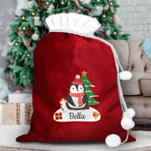 Load image into Gallery viewer, Personalised Christmas Penguin Luxury Pom Pom Red Sack