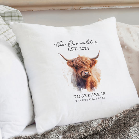 Personalised Highland Cow Cushion, includes cushion insert