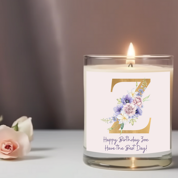 Small Personalised Purple Floral Initial Candle