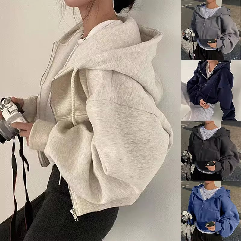 Fleece-lined Versatile Cropped Hooded Sweatshirt