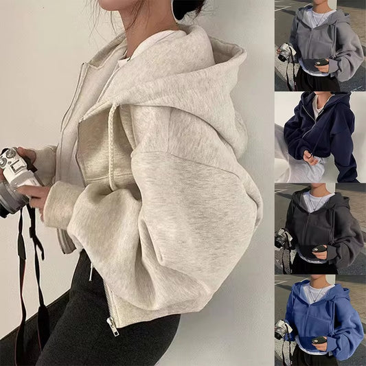 Fleece-lined Versatile Cropped Hooded Sweatshirt