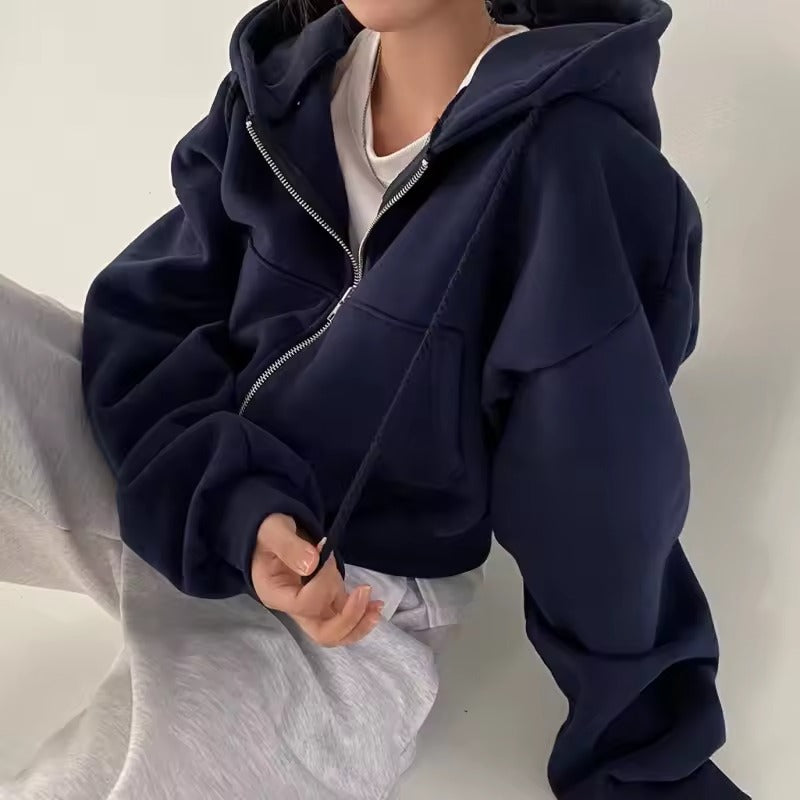Fleece-lined Versatile Cropped Hooded Sweatshirt