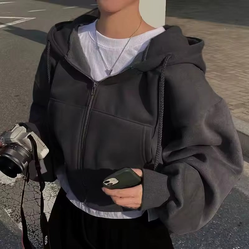 Fleece-lined Versatile Cropped Hooded Sweatshirt