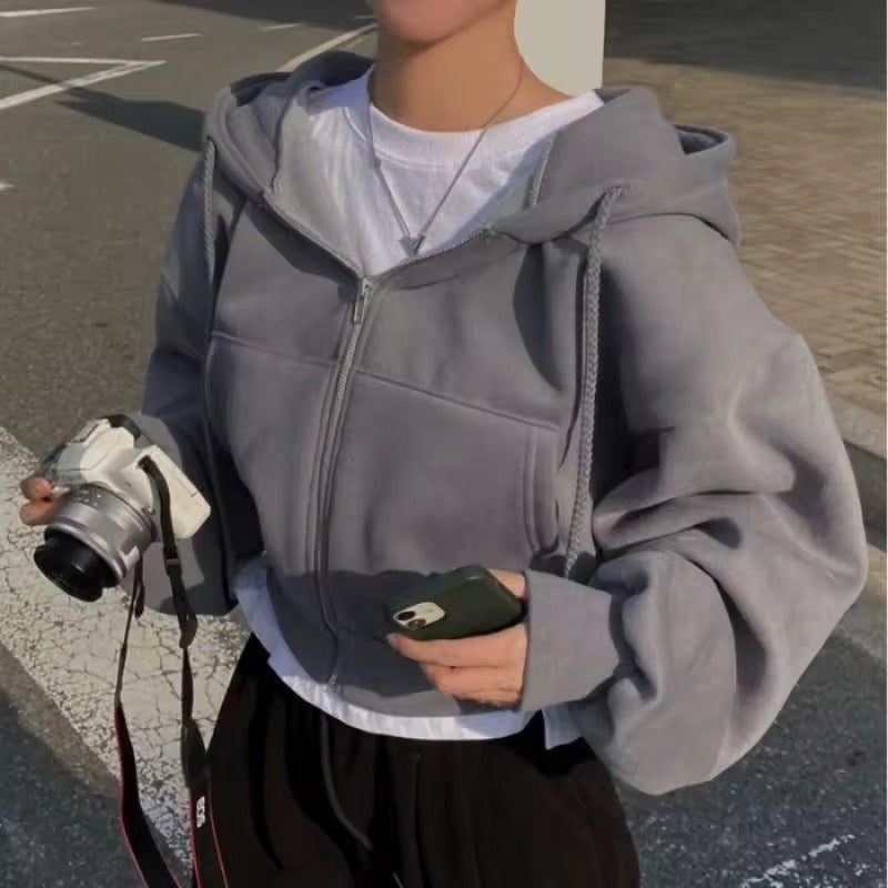 Fleece-lined Versatile Cropped Hooded Sweatshirt