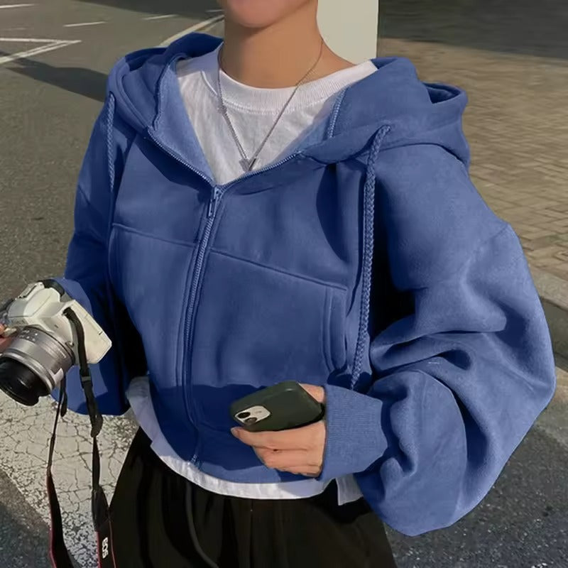 Fleece-lined Versatile Cropped Hooded Sweatshirt