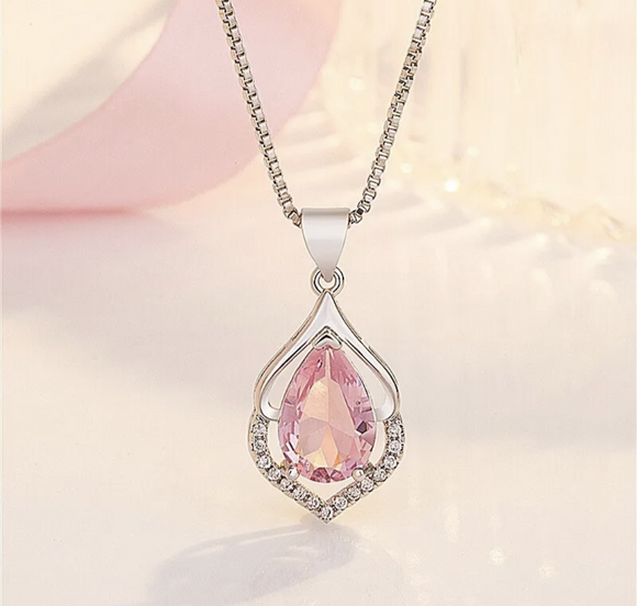 925 Sterling Silver Pink Crystal Stone Pendant Necklace