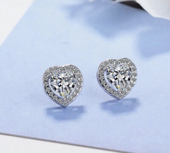 925 Sterling Silver Heart Crystal Stone Stud Earrings