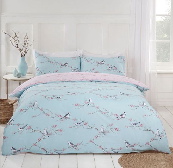 Duck Egg Vintage Floral Bird Duvet Set