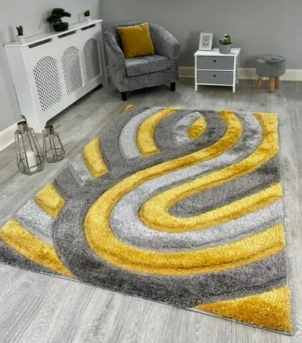 Deep pile Ochre Grey Swirl Rug