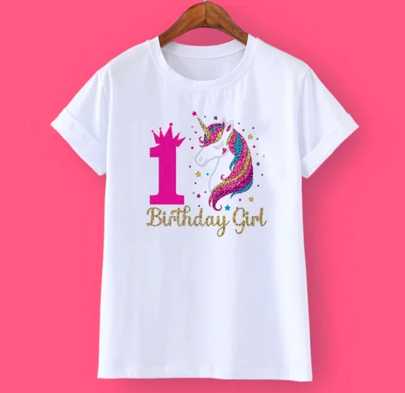 Kids Unicorn Print Birthday Girl Tshirt