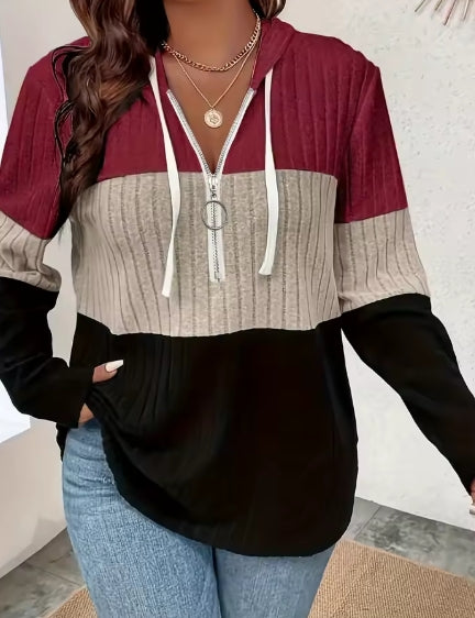 Plus Size Hooded Fashion Knit Ribbed Top