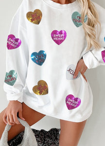 Slogan Heart Sequin Corded Baggy Sweatshirt