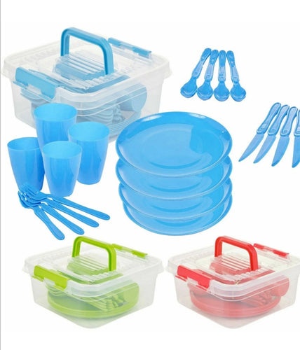 Family Plastic Picnic Camping Party Dinner Plate Mug Cutlery Set Storage Box