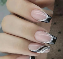 Load image into Gallery viewer, 24x Medium Glossy Ballet False Nails With Silver Glitter White Swirl French Tip