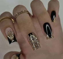 Load image into Gallery viewer, 24x Medium Square Shape With Golden Glitter Designs, Full Cover False Nails