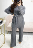 Womens Knitted Tie Up Palazzo Trouser High Neck Lounge Wear Ladies Tracksuit Set