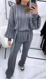 Womens Knitted Tie Up Palazzo Trouser High Neck Lounge Wear Ladies Tracksuit Set