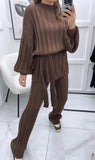 Womens Knitted Tie Up Palazzo Trouser High Neck Lounge Wear Ladies Tracksuit Set