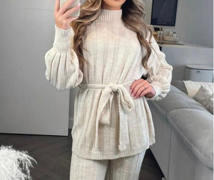 Womens Knitted Tie Up Palazzo Trouser High Neck Lounge Wear Ladies Tracksuit Set