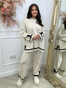 Womens Knitted Lounge Wear Ladies Striped Palazzo Trousers Top Tracksuit Set
