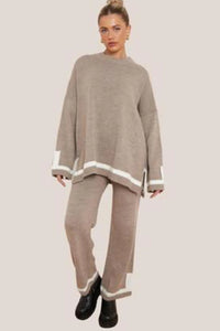 Womens Knitted Lounge Wear Ladies Striped Palazzo Trousers Top Tracksuit Set