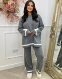 Womens Knitted Lounge Wear Ladies Striped Palazzo Trousers Top Tracksuit Set