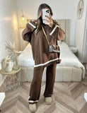 Womens Knitted Lounge Wear Ladies Striped Palazzo Trousers Top Tracksuit Set