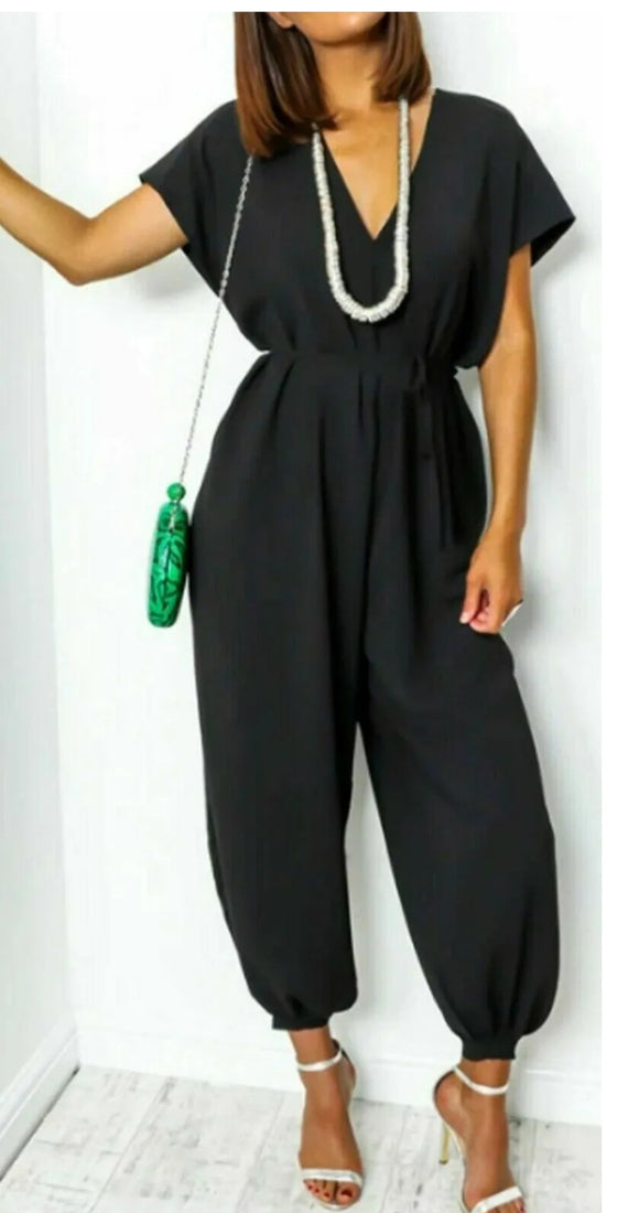 Womens Jumpsuit Ladies VNeck Belted Tie Harem Wide Leg All In One Playsuit Dress