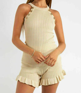 Women's Gold Popper Vest Top Frill Shorts Set Two Piece Co ord Ladies Loungewear