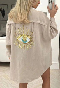 Womens Ladies Sequin Eye Button Up Oversized Collard Tunic Mini Shirt Dress