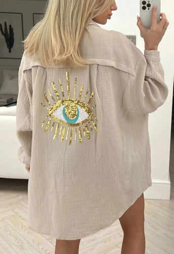 Womens Ladies Sequin Eye Button Up Oversized Collard Tunic Mini Shirt Dress