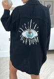 Womens Ladies Sequin Eye Button Up Oversized Collard Tunic Mini Shirt Dress