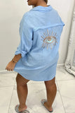 Womens Ladies Sequin Eye Button Up Oversized Collard Tunic Mini Shirt Dress