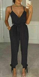 Womens V Neck Wrap Over Ankle Tie Plunge Jumpsuit