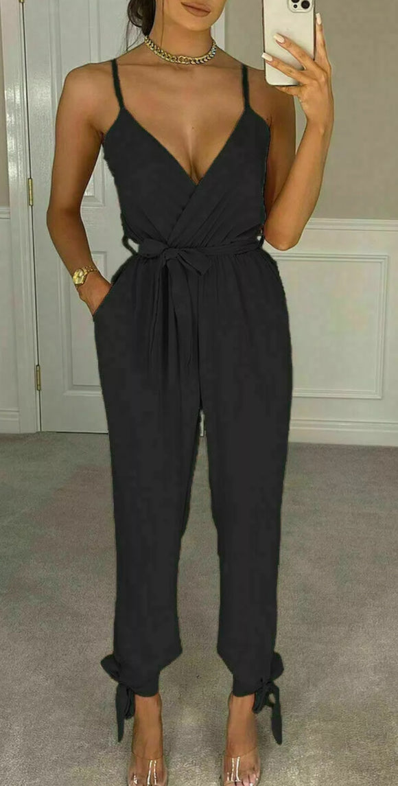 Womens V Neck Wrap Over Ankle Tie Plunge Jumpsuit