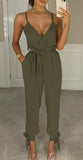 Womens V Neck Wrap Over Ankle Tie Plunge Jumpsuit