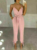 Womens V Neck Wrap Over Ankle Tie Plunge Jumpsuit