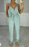 Womens V Neck Wrap Over Ankle Tie Plunge Jumpsuit