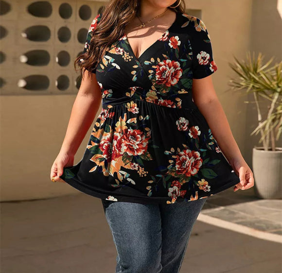 Plus Size Women Short Sleeve Floral Top