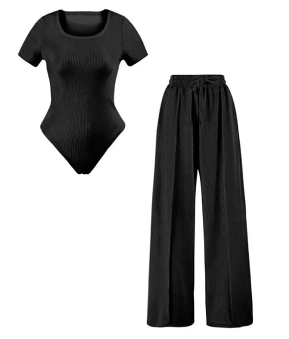 Womens Bodysuit Wide Leg Trouser Set