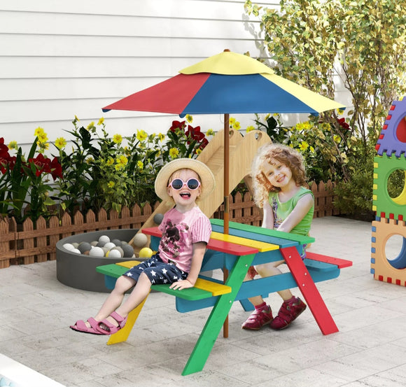 Wooden Kids Table and Chair Set w/ Removable Parasol