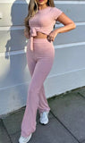 Ladies Ribbed Front Knot Tie up Crop Top Co Ord Tracksuit Set