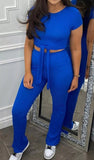 Ladies Ribbed Front Knot Tie up Crop Top Co Ord Tracksuit Set